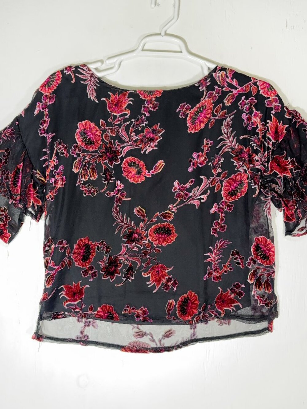Lily White Red Velvet Floral Burnout Top Sz L Ruffle VTG Y2K Whimsigoth Vampire